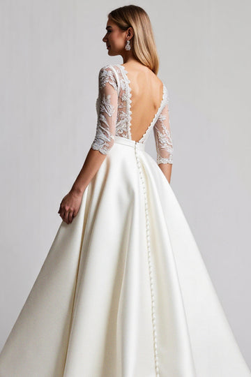 A Line Half Sleeves Ivory Lace Long Wedding Dress
